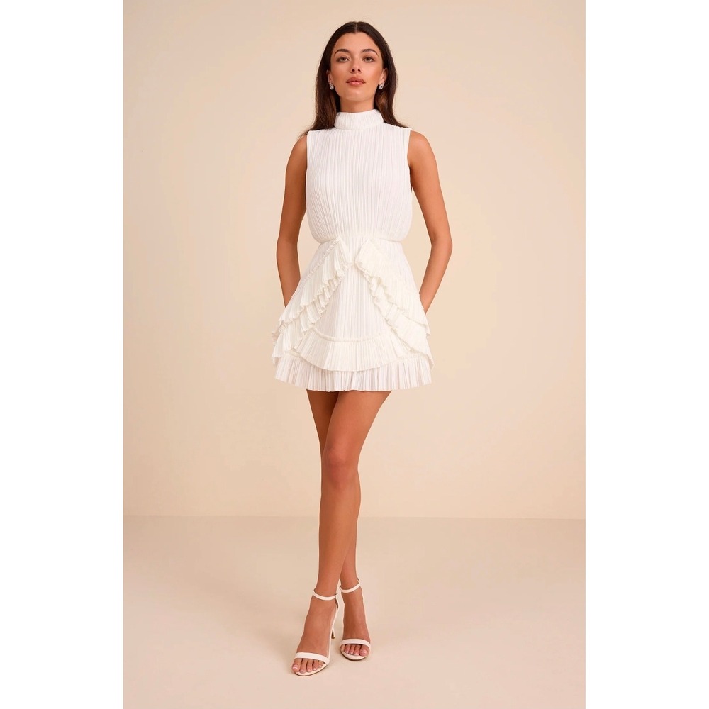 Lulus Alvana White Plisse Mock Neck Ruffled Mini Dress Medium Womens Coquette